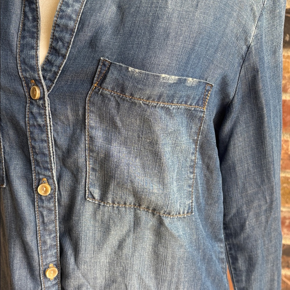 cloth & stone small Denim look collared shirt dress button down frayed pockets - Picture 6 of 15